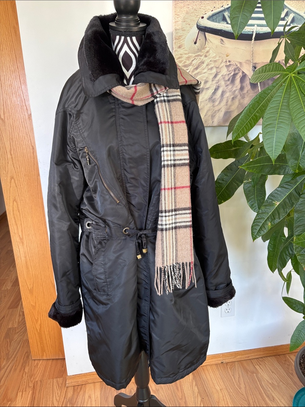 Louis Vuitton Black Long Coat with Faux Fur Trim beautiful condition